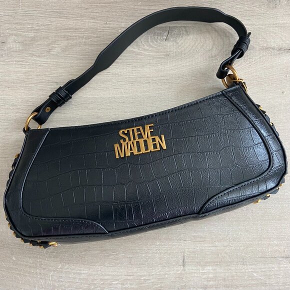 Steve Madden Crocodile Embossed Leather Handbag|Black Croc Baguette Shoulder Bag - Picture 10 of 11